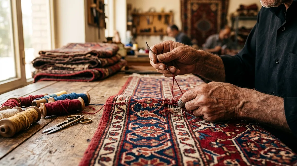 Fachmännische Teppichreparatur: Handarbeit mit Nadel und Faden an einem Orientteppich